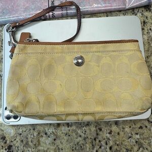 Coach Yellow Signature Canvas Wristlet with Leather Trim